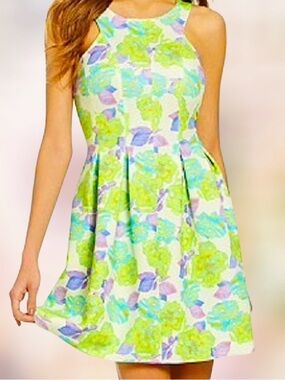 GP Gianni Bini Floral Mini Dress Blue Green Scuba Fabric Halter Top Womens SZ M